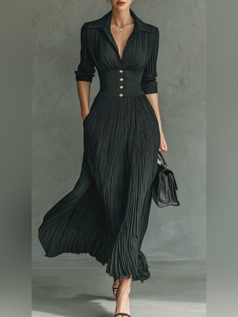 Chic Black Pleated Maxi Dress with Cinched Button Waist